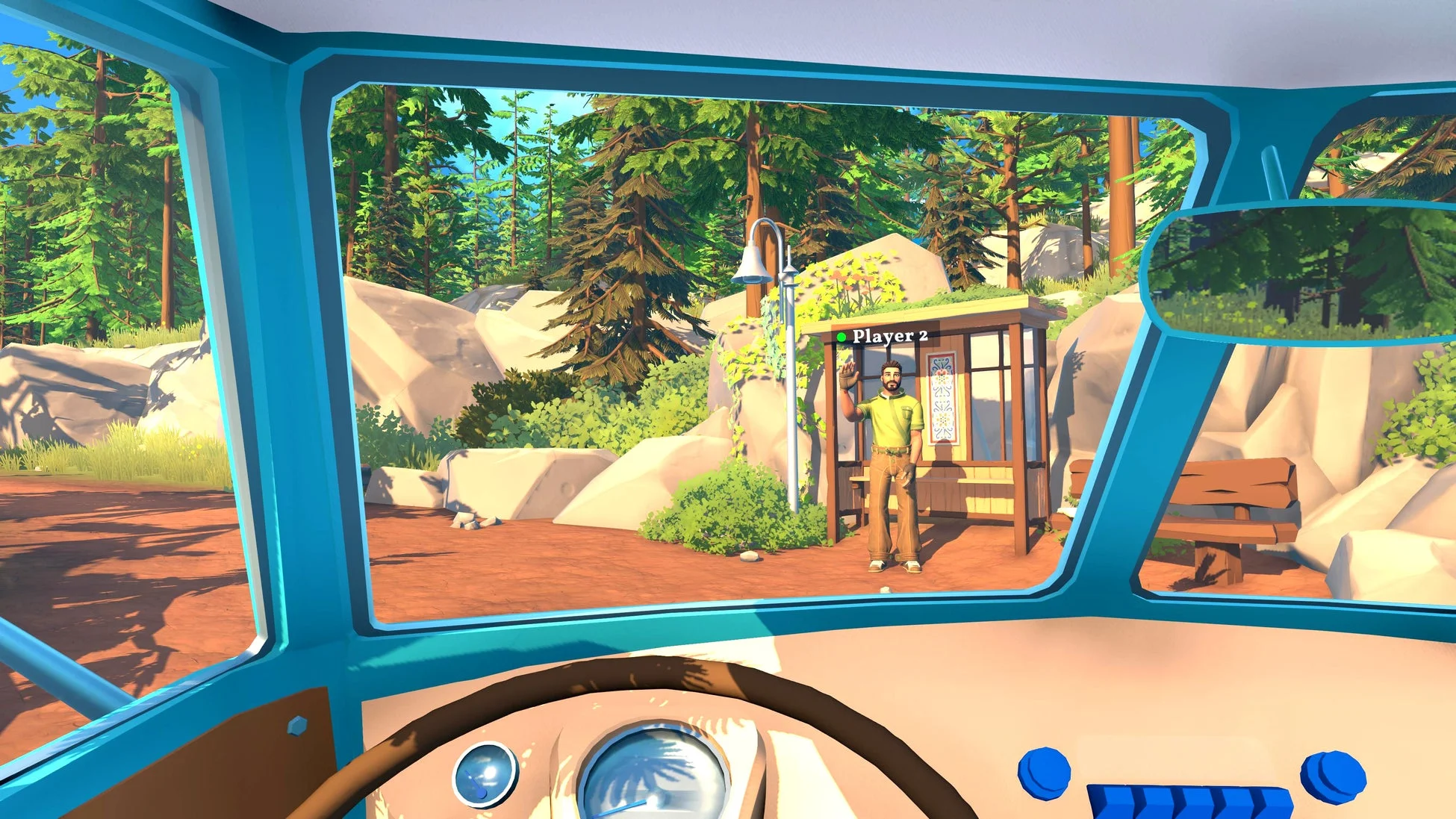車両の中から見た、カートゥーン調の森の風景です。バス停に「Player 2」と表示された男性が立っており、周囲には木々や岩が描かれています。