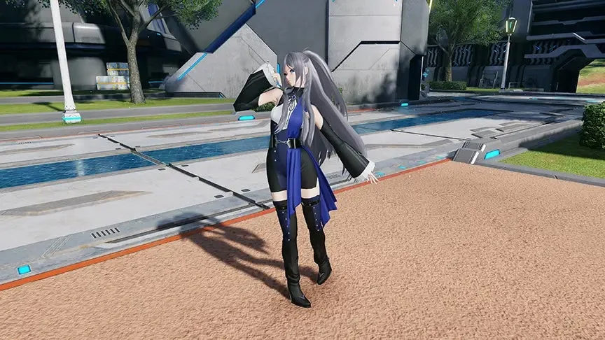 未来都市に立つ青と黒の衣装の女性キャラクター