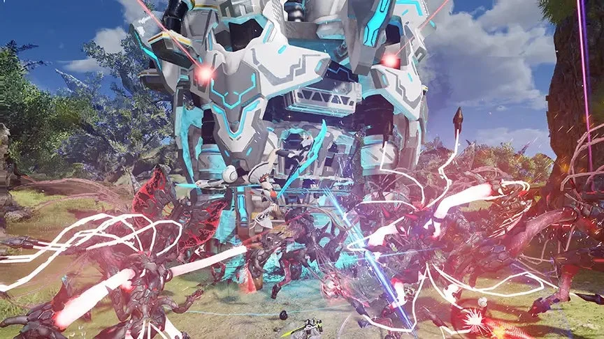 巨大メカと戦闘するキャラクターたち