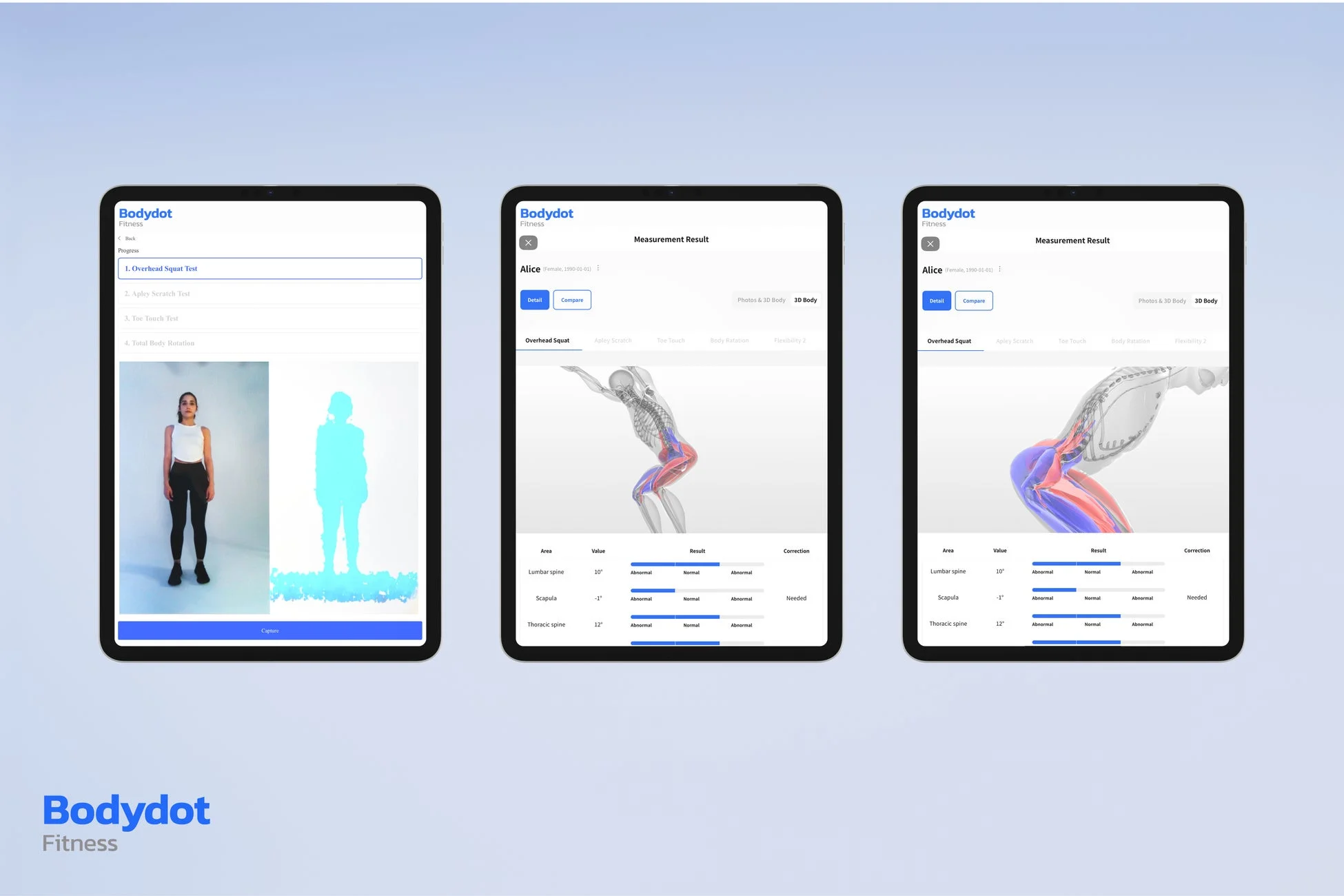 「Bodydot Fitness」アプリのタブレット画面3点。身体測定の進行状況、人物撮影、3Dモデルによるオーバーヘッドスクワットの分析結果を表示