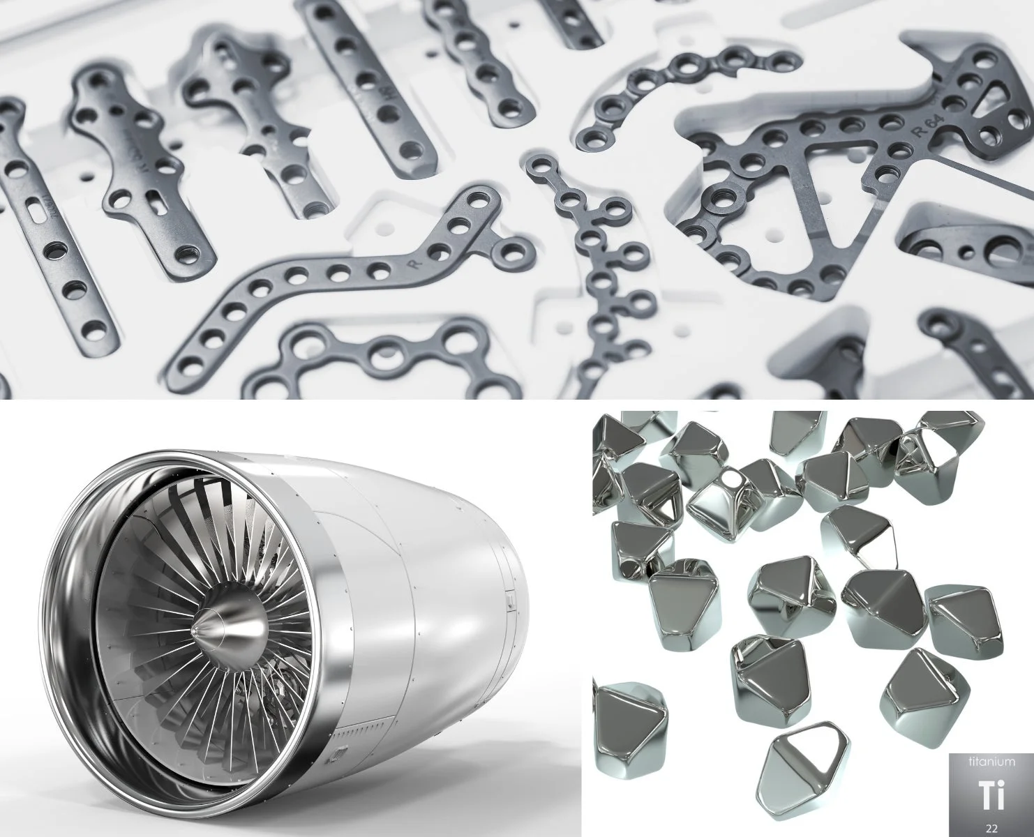 医療用インプラント、ジェットエンジン、チタンの塊が並べられた複合画像