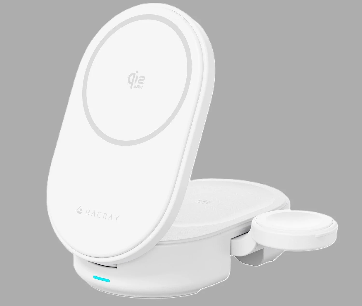 白い3-in-1ワイヤレス充電器で、スマートフォン、スマートウォッチ、ワイヤレスイヤホンを同時に充電可能