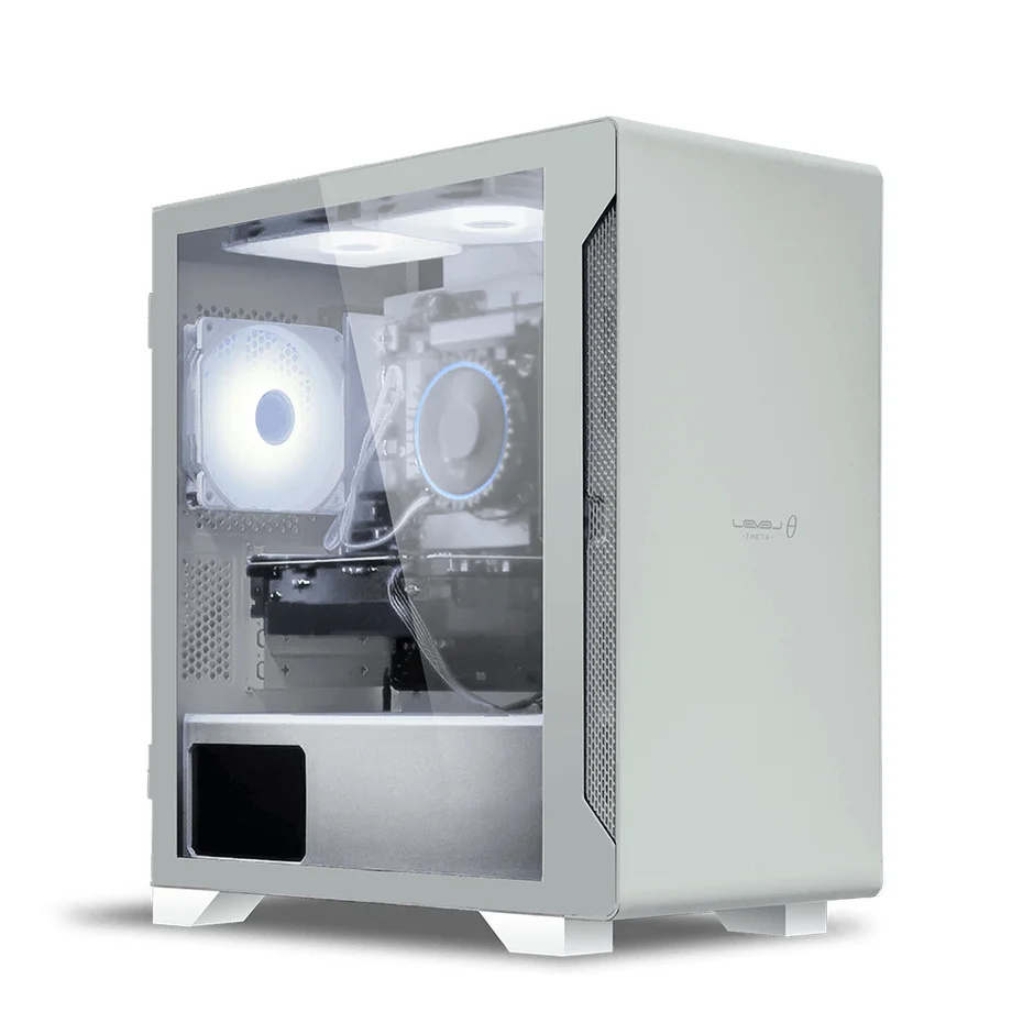 透明なサイドパネルから内部のLEDファンが光る、白を基調としたモダンなデザインのPCケースです。ブランド名「Level 8 THETA」が確認できます。