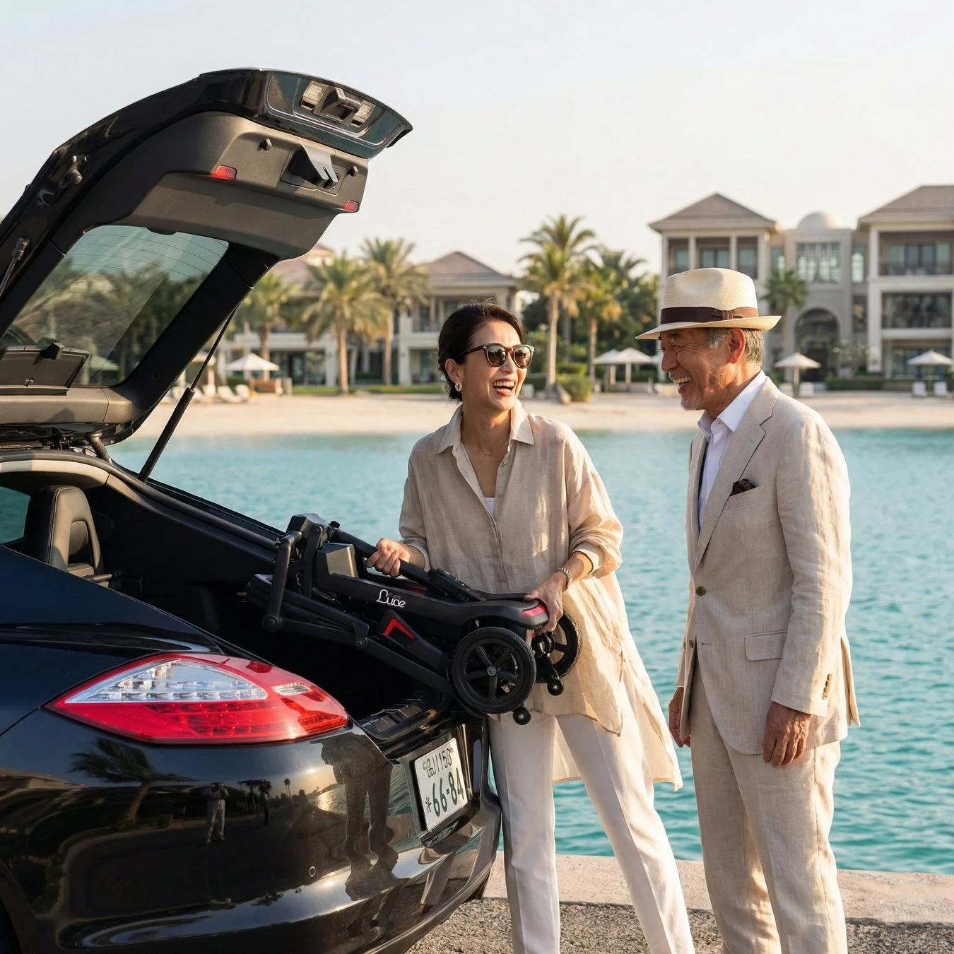 高級車のトランクに折りたたみ式の移動機器を積んでいる笑顔の夫婦