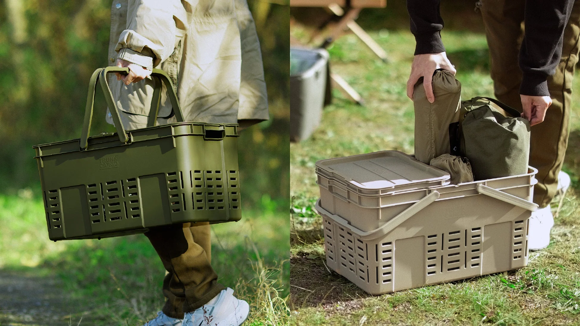 屋外で収納バスケットを運ぶ人と収納する様子