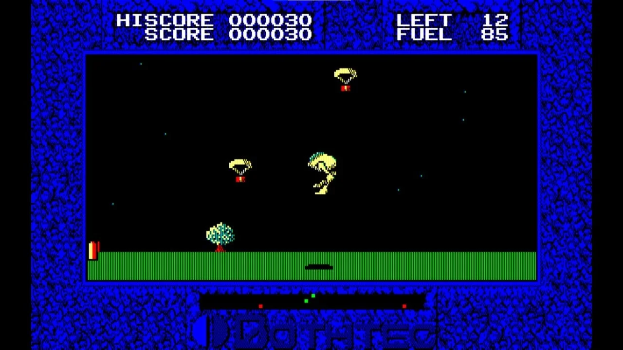 パラシュート降下する敵と自機