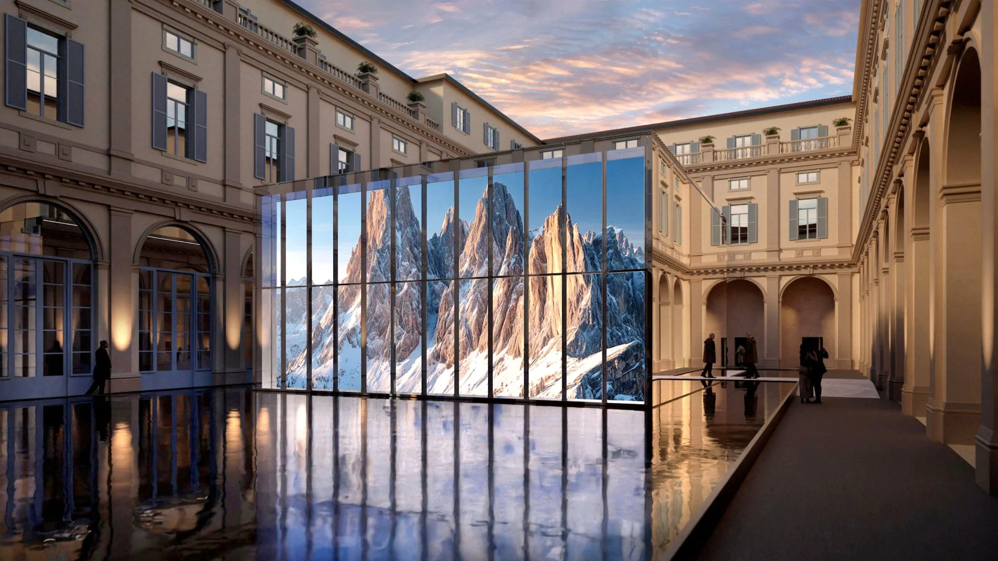 中庭に設置された雪山を映し出すガラス構造のインスタレーション