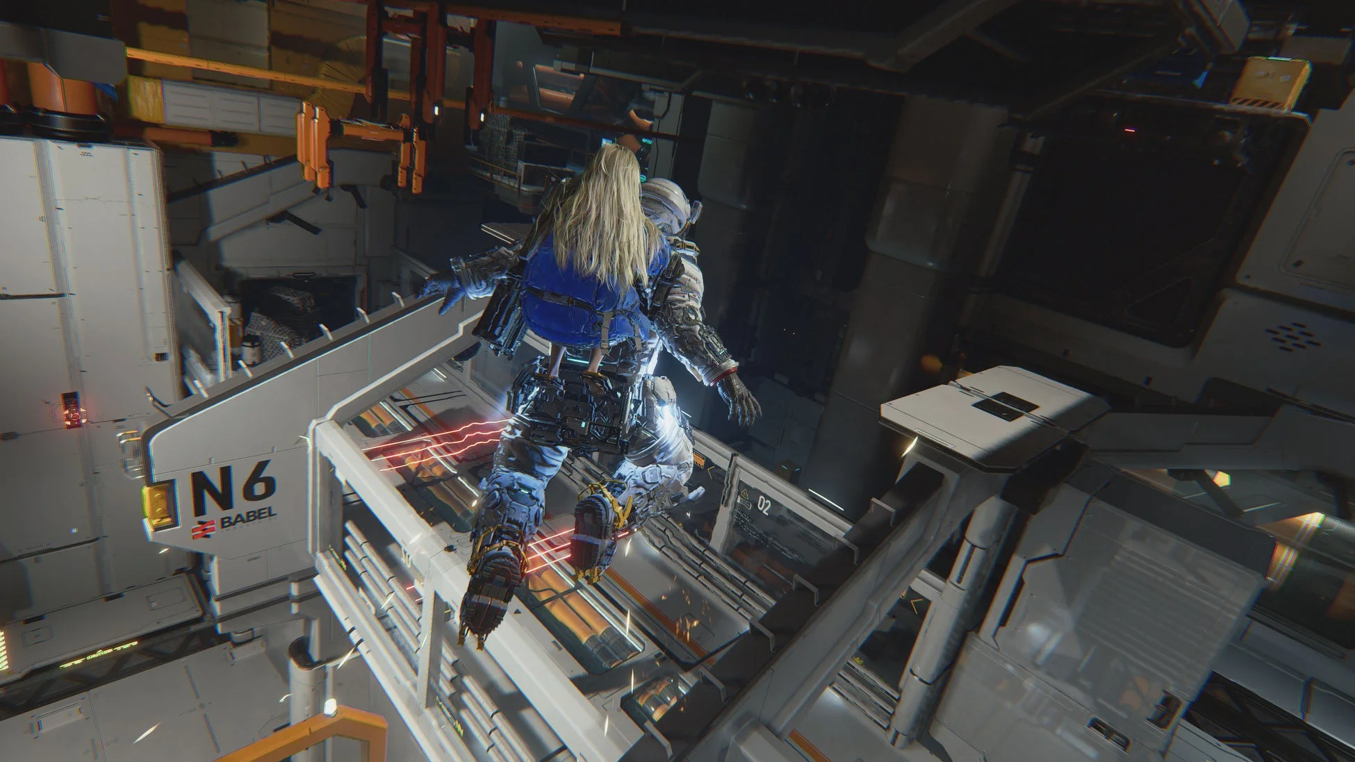 未来的な巨大施設内を浮遊するキャラクター