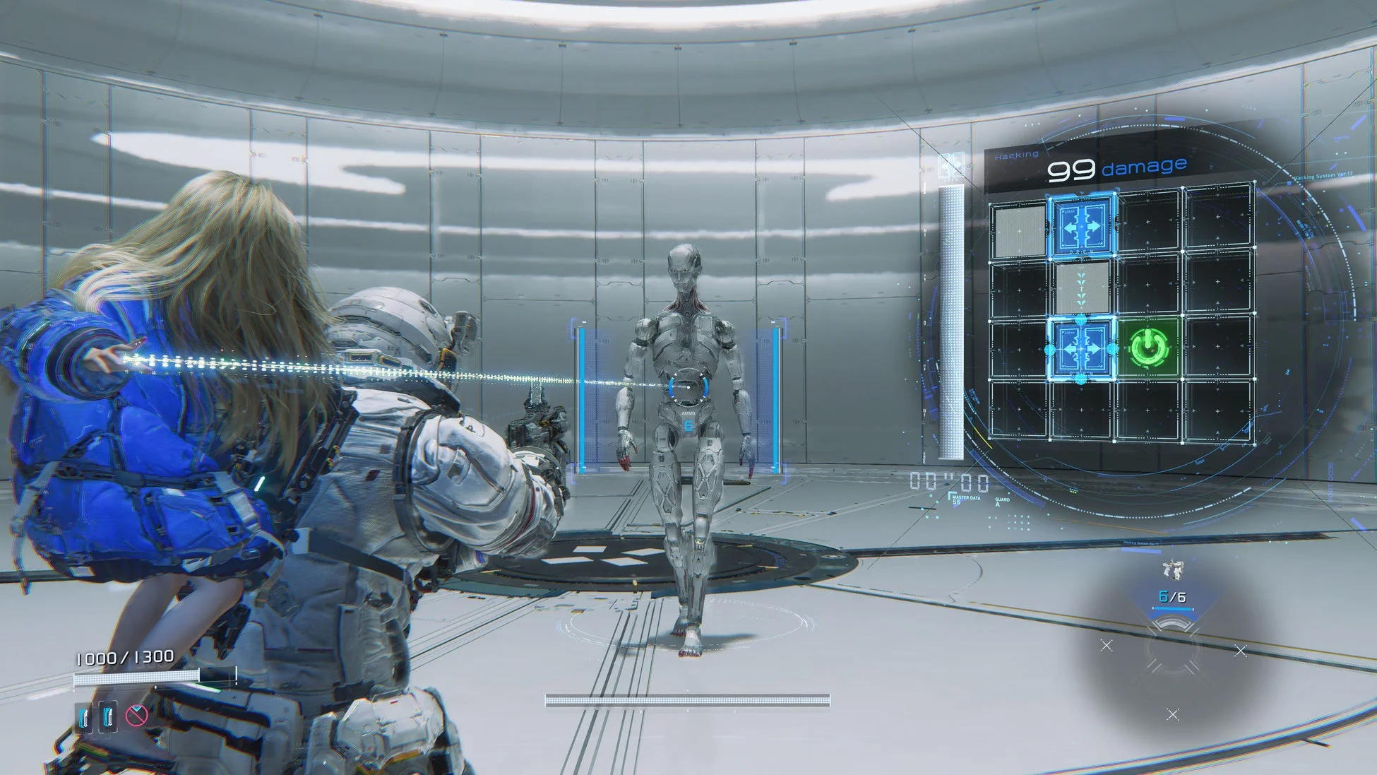 ハッキングシステムでロボットと対峙するキャラクター