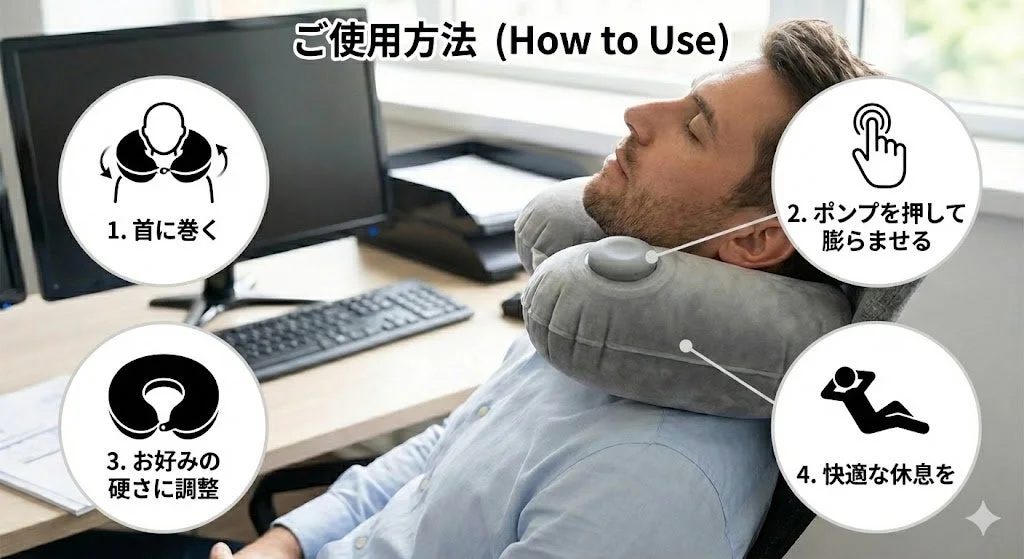 男性がネックピロー使用、使用方法