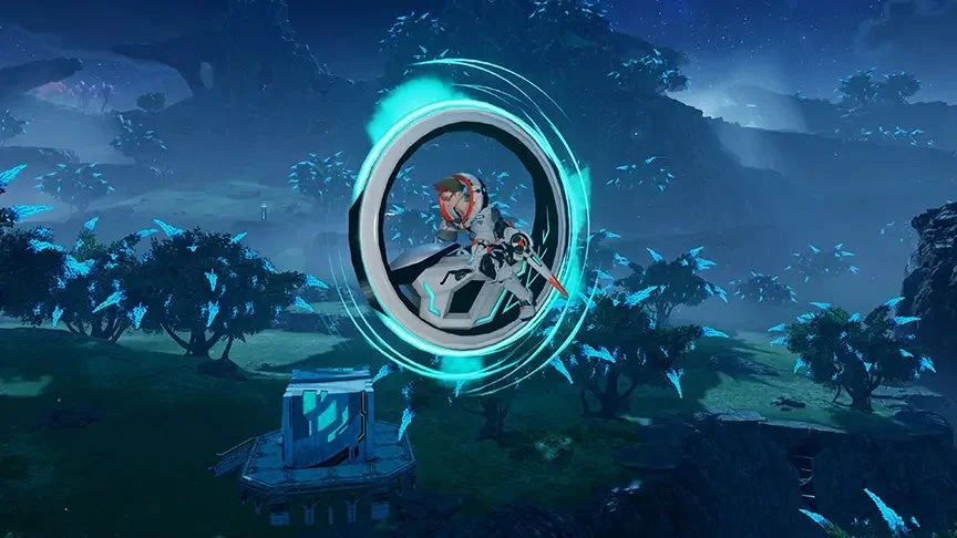 未来的な乗り物に乗ったキャラクターが幻想的な風景を移動