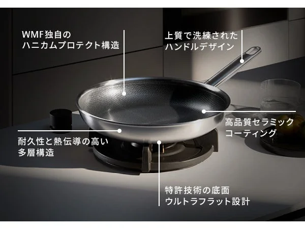 WMF製のフライパンの特長を説明した画像です。独自のハニカムプロテクト構造、上質なハンドルデザイン、耐久性と熱伝導に優れた多層構造、高品質セラミックコーティング、特許技術のウルトラフラットな底面が紹介されています。