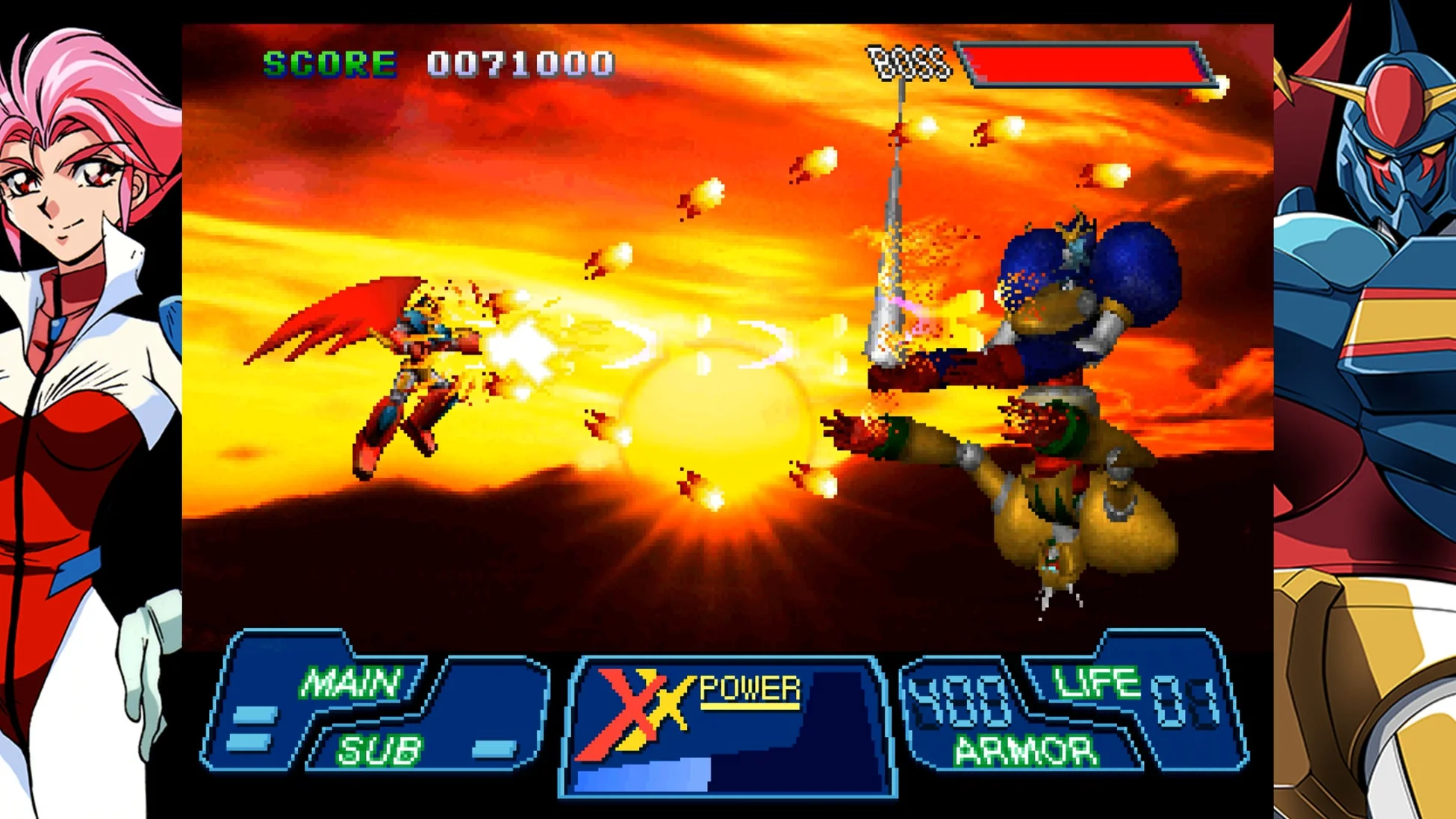 ビデオゲーム,シューティングゲーム,メカ,ロボット,アニメ,アクション,ボス戦,SF,レトロゲーム,戦闘,爆発,女性キャラクター,キャラクター