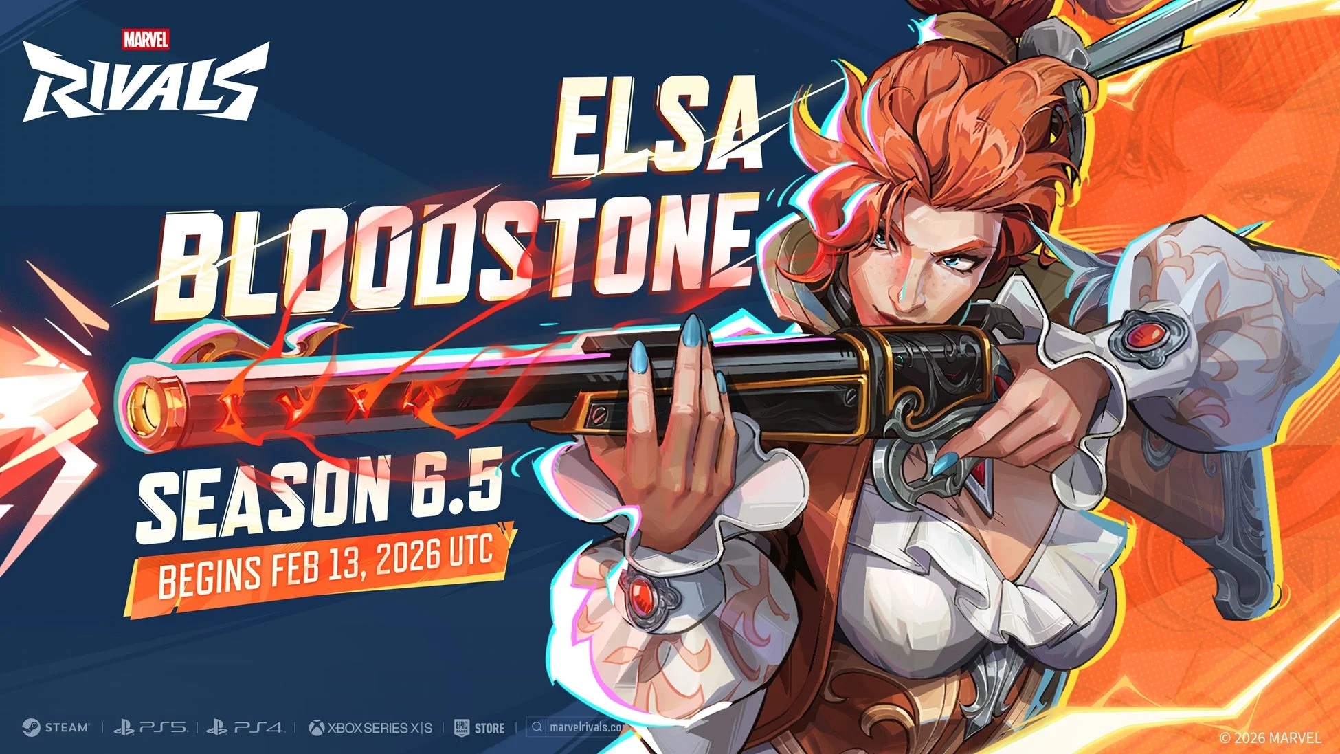MARVEL RIVALS ELSA BLOODSTONE SEASON 6.5 BEGINS FEB 13, 2026 UTC STEAM PS5 PS4 XBOX SERIES X|S EPIC STORE Q marvelrivals.com © 2026 MARVEL