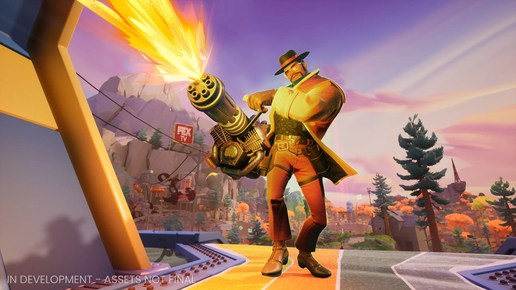 スタイリッシュな男性が巨大なミニガンを発砲