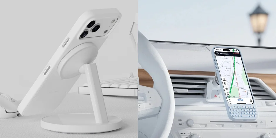 この画像は、現代のスマートフォンアクセサリーの二つの異なる使用シーンを捉えています。左側では、白いiPhoneがシンプルな白いマグネット式スタンドに立てかけられ、充電またはデスクでの使用を想定しているようです。右側では、水色のケースに入ったスマートフォンが車のエアコン吹き出し口に設置され、ナビゲーションアプリが表示されています。全体的に白を基調としたミニマルなデザインが特徴です。