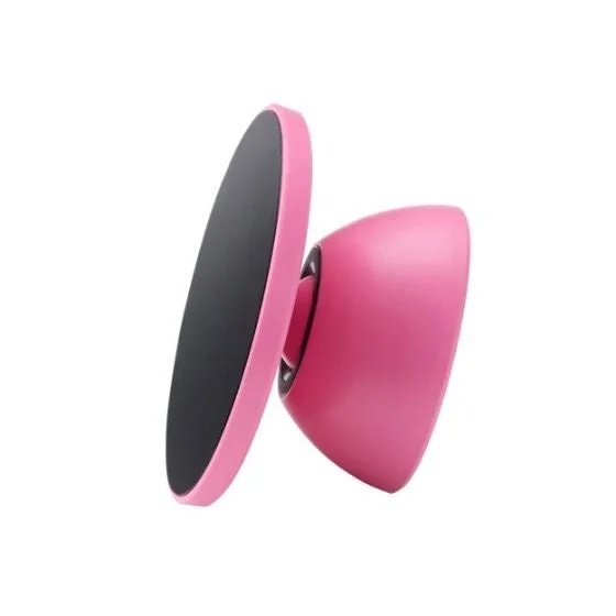 白い背景にピンクと黒の円形デバイスが写っている