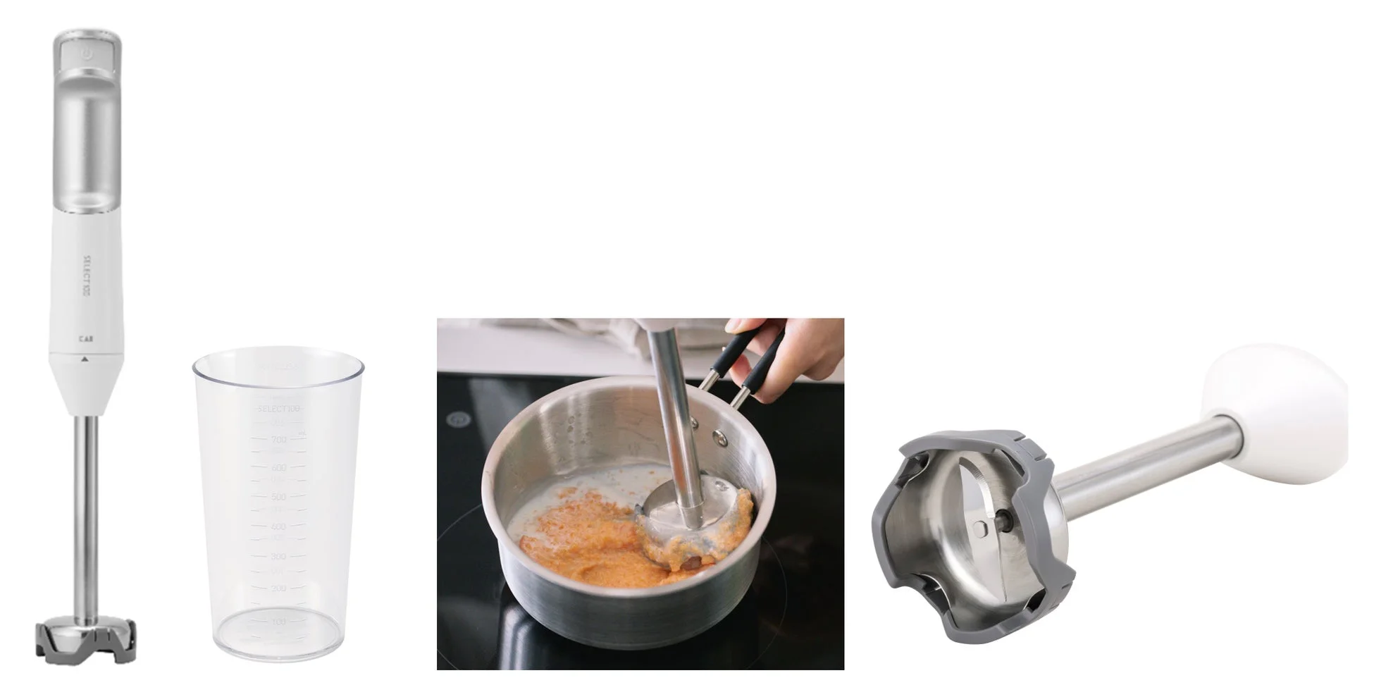 ハンドブレンダー本体と計量カップ、そして鍋の中で食材を混ぜている様子