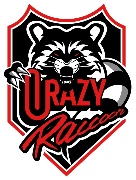 怒ったような表情のアライグマが描かれた、赤と黒を基調とした盾形のエンブレムロゴ。