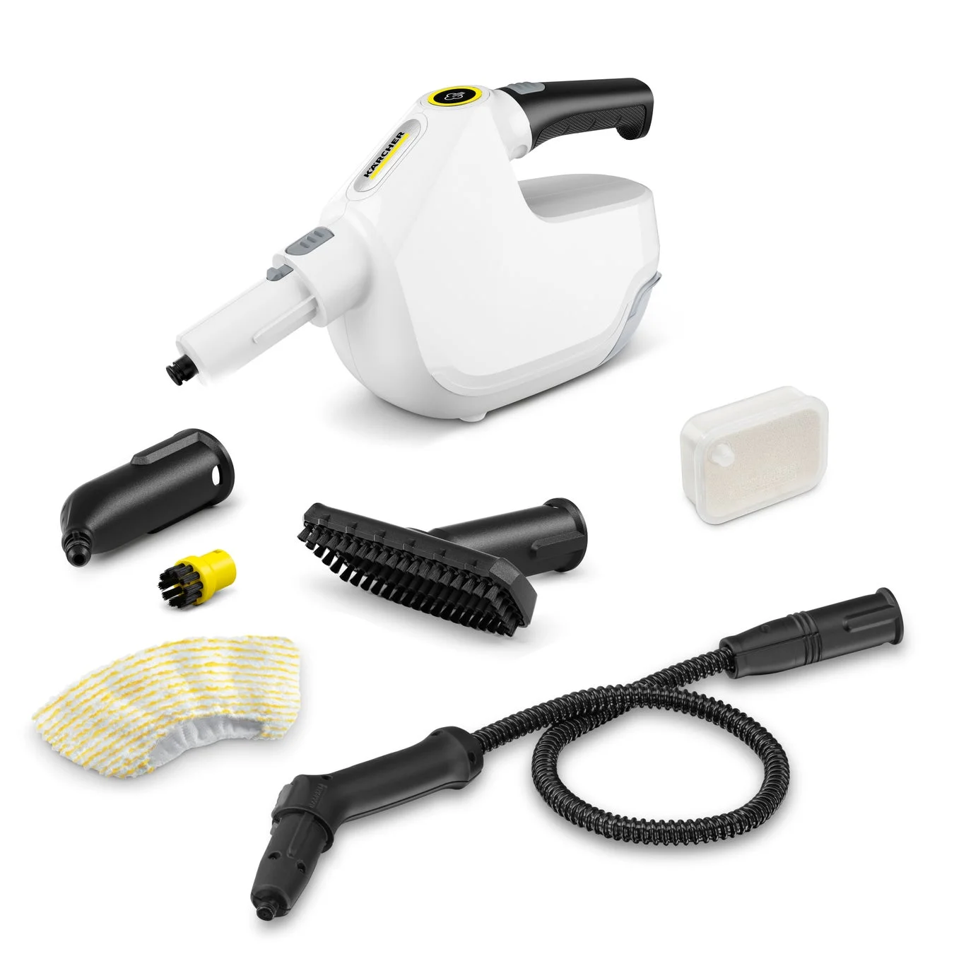 ケルヒャー製の白いハンディスチームクリーナー本体とアタッチメント